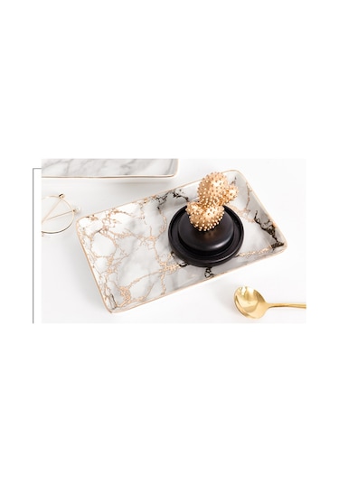 Seramik Depolama Tepsisi Nordic Stil Dikdörtgen Mermer Desen Pratik Dekorasyon Ev Alanı Tasarruflu Mutfak Gıda Takı Depolama Tepsileri Altın Ahşap - Beyaz
