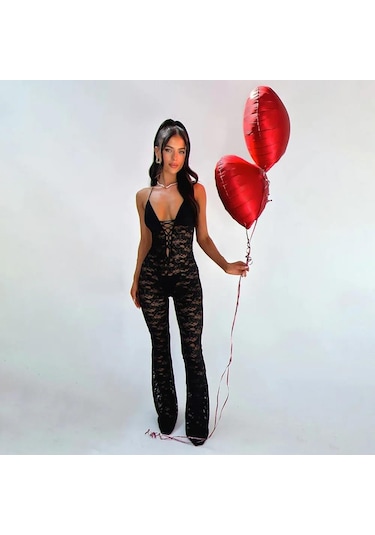 Lace Jumpsuit With Skinny Flared Legs Black Siyah
