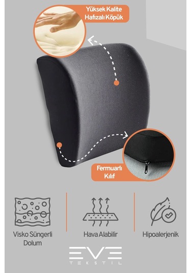 Eve Tekstil Oto Araç Sandalye Ofis Minderi Ortopedik Bel Minderi Fermuarlı Ortopedik Visco Sırt Yastığı
