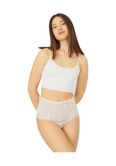 Krem Dantelli Lastik Detaylı Yüksek Bel Kadın Tanga Külot Krem