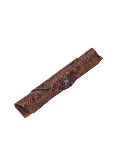 Aubyhe Tam Deri Kalem Kılıfı, Elden Dikişli, Nakışlı Kahverengi, Kanca Kapatma, 18x3cm, Kalem Koruyucu Örtü Diğer