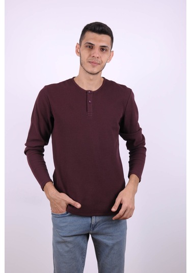 Trender Düğmeli Waffle Bordo Erkek Sweatshirt 5070 Bordo