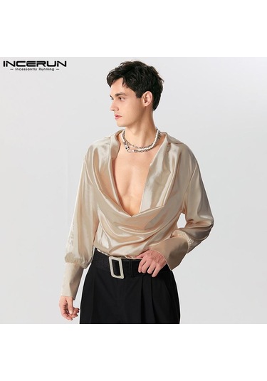 Incerun Salıncak Yaka Erkek Hollow Out Uzun Kollu Saten Üstler Bej