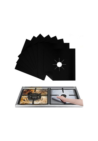 Teltree Yüksek Isıya Dayanıklı, Su Geçirmez Gaz Ocağı Koruyucu Ped - 8 Parça Siyah, Temizlik Kolaylığı