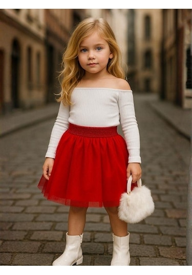 Kız Çocuk Beli Lastikli Tütü Etek-16227 Kırmızı