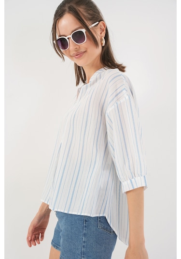 Bigdart Kadın Çizgili Oversize Bluz 967 - A.Mavi