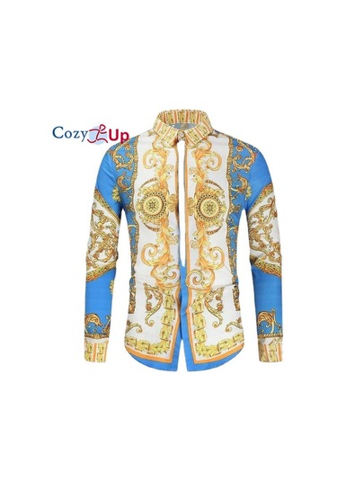 Cozy Up Erkek Casual Slim Fit Uzun Kollu Erkek Baskı Gömlek Mavi