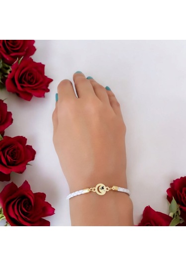 Archin Melek Temalı Ay Motifli 14 Ayar Altın Plakalı Doğal Beyaz Derili Hediye Bileklik-477sembol Melek