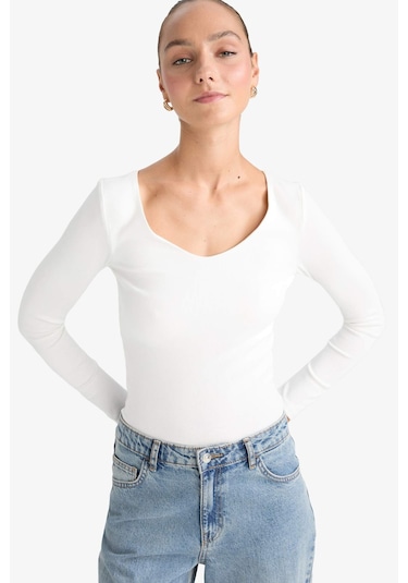 Defacto Slim Fit Dar Kesim Basic Düz Modal Uzun Kollu Tişört F7153ax25auer105 Ekru