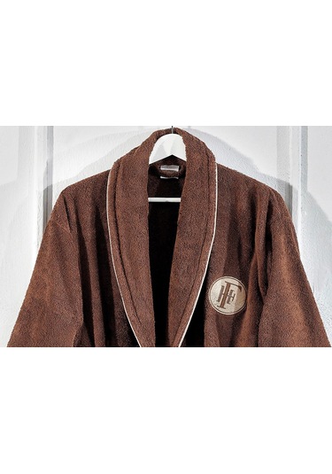 Finezza Troya %100 Pamuk Biyeli Nakışlı Kahverengi Bornoz Seti 3 Kahverengi