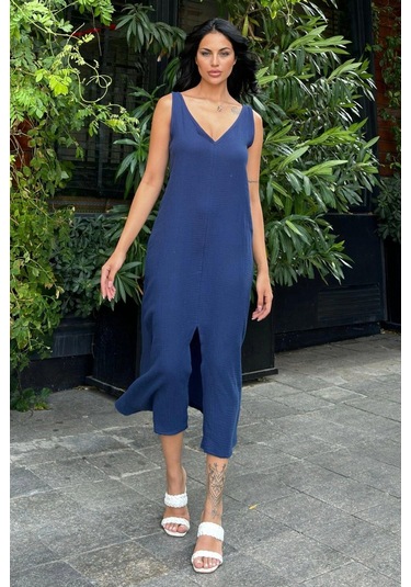 Lacivert V Yaka Uzun Salaş Elbise Lacivert