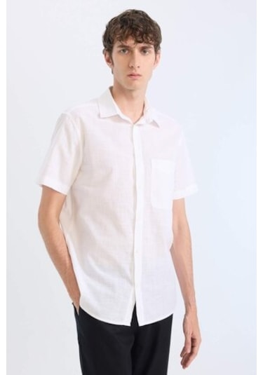 DeFacto %100 Pamuk Regular Fit Yazlık Polo Yaka Keten Görünümlü Kısa Kollu Beyaz Gömlek D7551AX25SPWT34