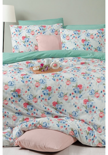 Lastikli Çarşaflı Tek Kişilik Nevresim Takımı Roseto-yeşil Mavi - Yeşil