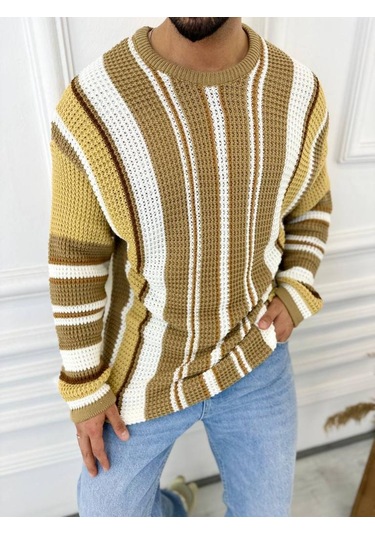 Kazak Oversize Renkli Örgü Desenli Naturel Pamuk Bol Kesim Salaş Triko Kazak Hardal