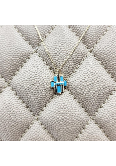 Çoklu Baget Enerji 925 Ayar Gümüş Kolye Firuze Taşlı Tasarım Baget Hediye 925 Ayar Gümüş Kolye 43 Cm