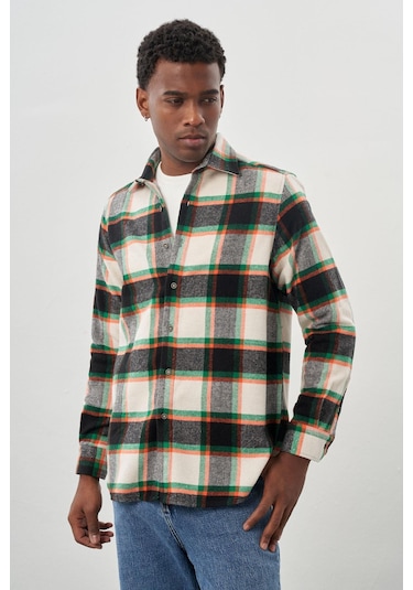 Siyah Yünlü Ekose Desen Yumuşak Yaka Cepsiz Uzun Kol Casual Comfort Fit Gömlek 1004245227 Siyah