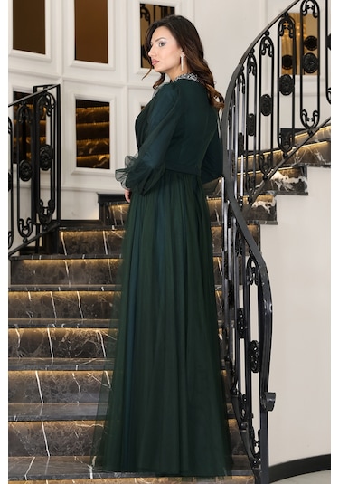 Senna Taş Detaylı Büyük Beden Şık Tesettür Abiye Zümrüt