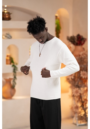Regular Fit Likralı Kendinden Çizgili Mevsimlik Spor Kazak Beyaz