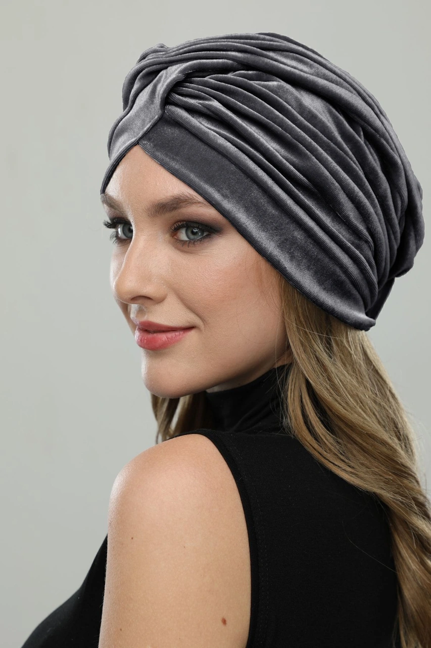 Kadife Çapraz Füme Hazır Türban Tesettür Bone Füme