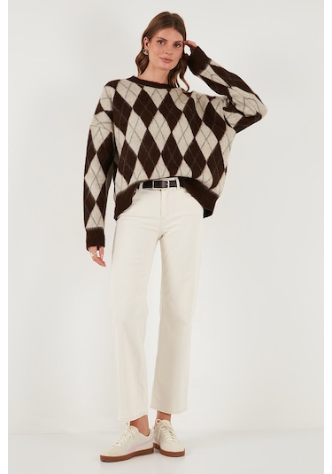Lela Oversize Fit Bisiklet Yaka Baklava Desenli Yumuşak Dokulu Bayan Kazak 4616223 Kahve