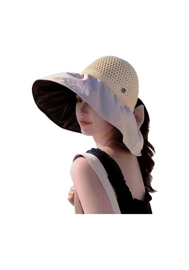 Bayanlar İçin Şık Siyah Tutkallı Boş Üst Güneşlikli Geniş Kenarlı Yüz Koruyucu Şapka Bej