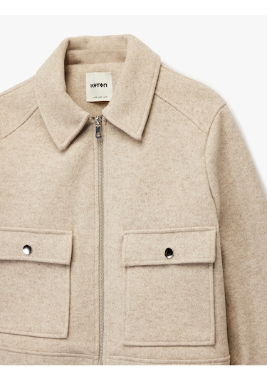 Koton Cepli Uzun Kollu Fermuarlı Crop Kaşe Mont Vizon 6wak20184ew VIZON