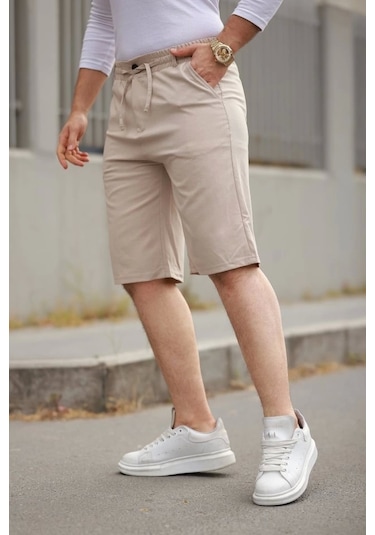 Defymoda Erkek Beli Bağcıklı Ve Düğmeli Bezayağı Kumaş Şort Bej