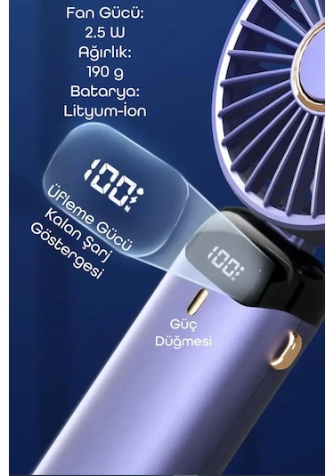 Lcd Ekranlı Şarjlı El Fanı Mini Vantilatör 5 Kademe Sessiz Boyun Askılı Yeşil Fan