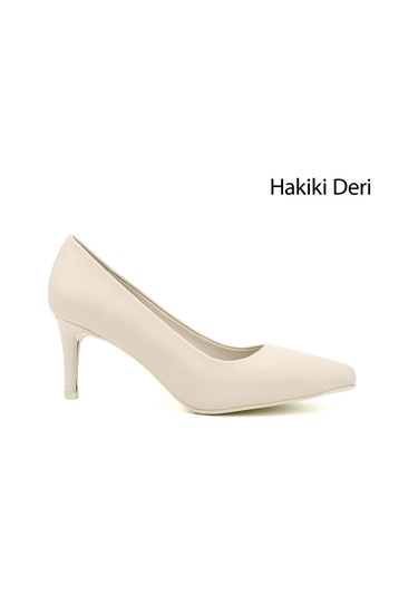 Gönderi R Bej Sivri Burun İnce Topuklu Hakiki Deri Stiletto Bej
