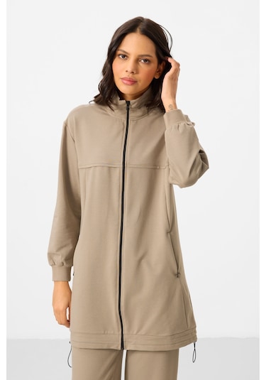 Koyu Bej Dik Yaka Fermuarlı Pamuklu Kadın Eşofman Tunik Takım - 95346 Bej