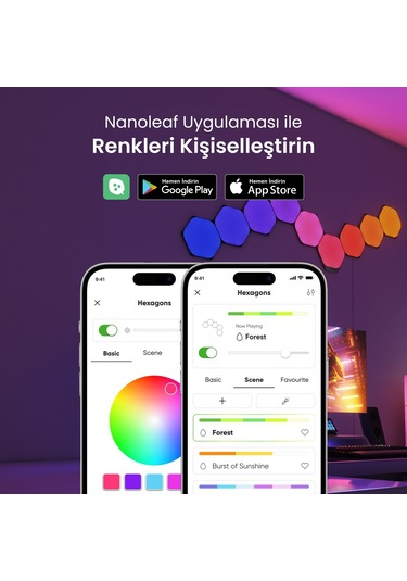 Nanoleaf Altıgen Akıllı Rgbw Duvar Paneli Başlangıç Paketi App Kontrollü, 9 Parça, Siyah, Google Hom RGB