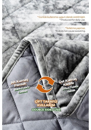Evlen Home Kapitone Kadife Yatak Örtüsü Seti Çift Kişilik Supersoft 3 Parça Yumuşak Elyaf Dolgulu Gri Gri