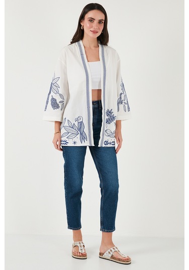 Lela Nakış Işlemeli Pamuklu Oversize Fit Truvakar Kol Bayan Kimono 676302 Ekru