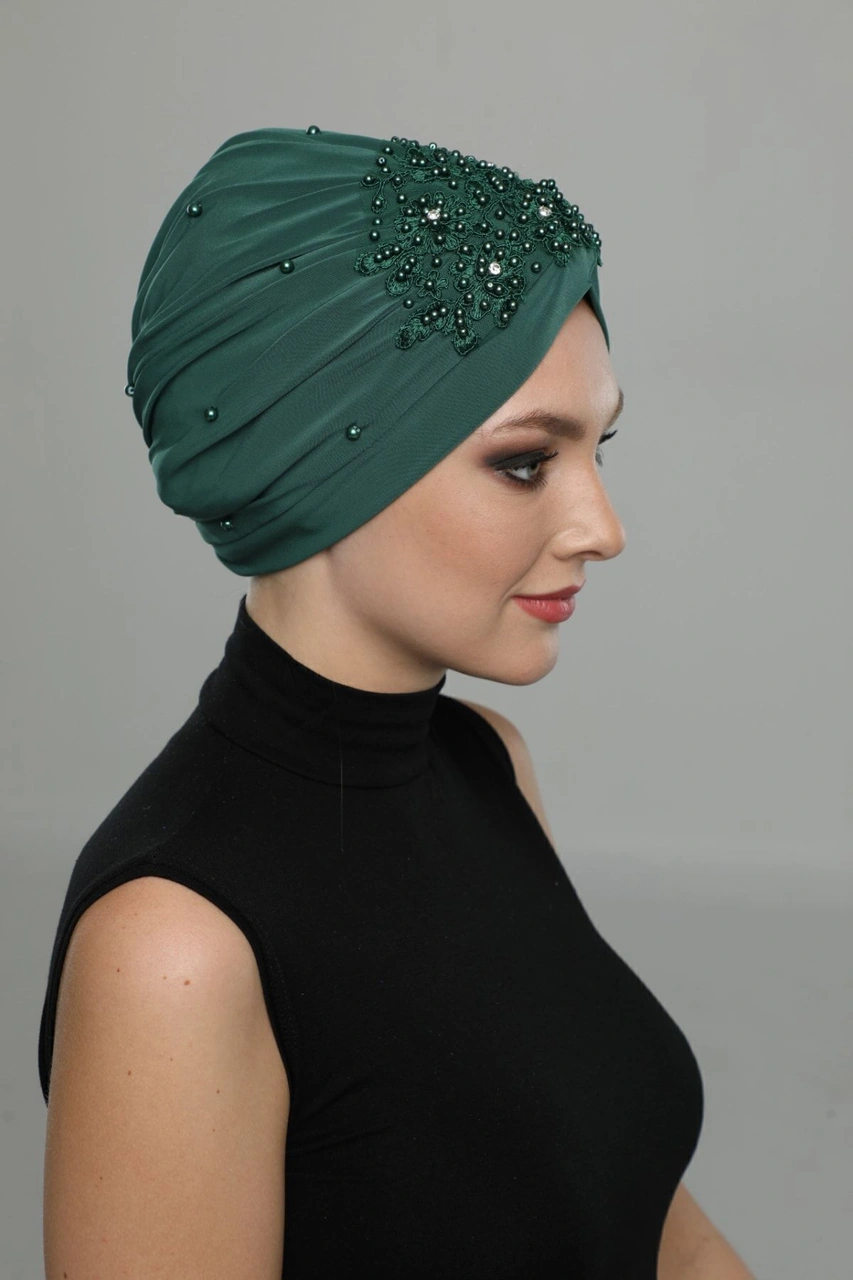 Kopma Astarlı Işlemeli Yeşil Dantel Motifli Hazır Türban Tesettür Abiye Bone Yeşil Dantel