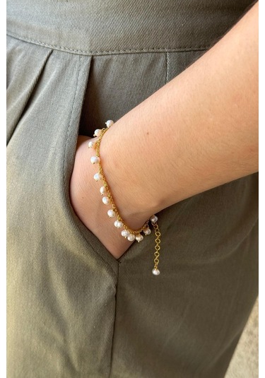 İncili Zincir Bileklik 4,5 Mm 21 Cm / Sarı Sarı Sarı Altın