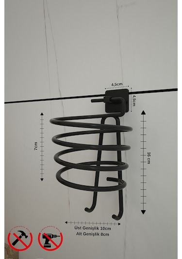 Alper Banyo Jasmin Kare Siyah Yapışkanlı Fön Makinesi Askısı Siyah
