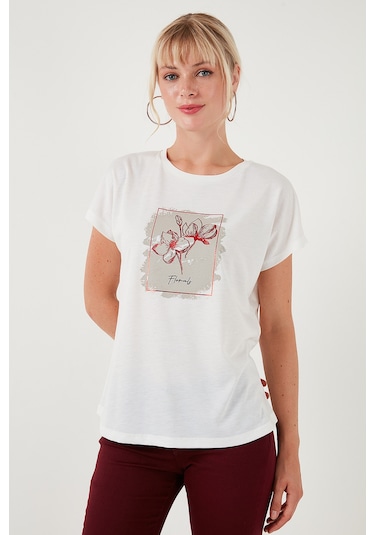 Lela Baskılı Bisiklet Yaka Regular Fit Bayan T Shirt 6671002 Ekru