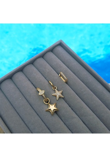 Taşlı Balon Yıldız Üçlü Çelik Küpe Gold