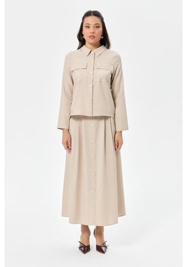 Çizgili Ve Düz Poliviskon Kumaş Etekli Takım Vizon Vizon