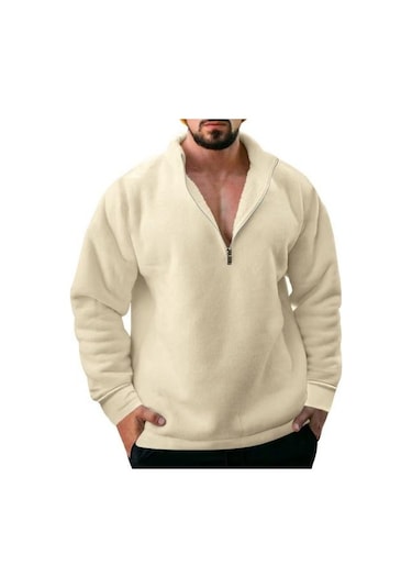 Erkek Yarım Fermuar Polar Kazak Üst Düz Renk Rüzgar Geçirmez Sonbahar Kış Uzun Kollu Yaka Kazak Kayısı Açık Bej