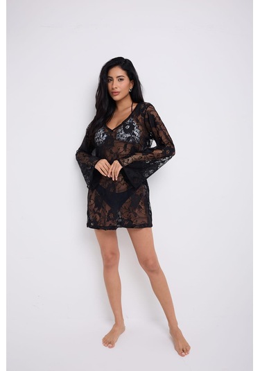 Kolları Volanlı Elbise Siyah