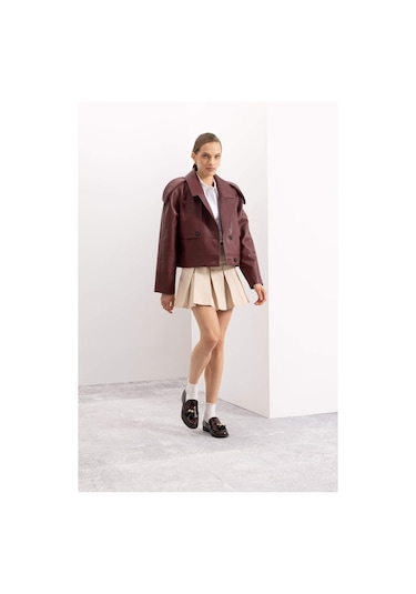 Defacto Coool Piliseli Normal Bel Basic Düz Gabardin Mini Etek D5265AX24AUER42 Ekru