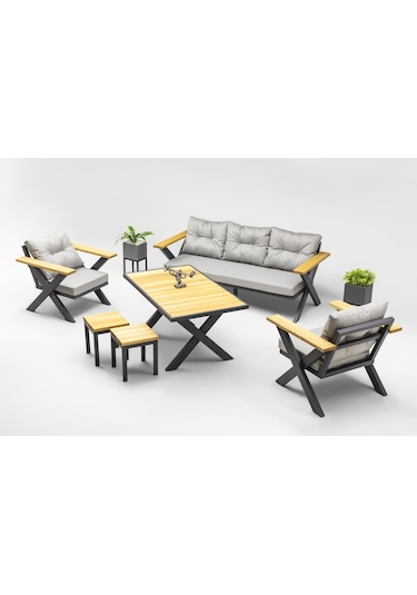 Ramada Bahçe ve Balkon Mobilyası Takımı (3+1+1+Masa+2 Puf) Gri
