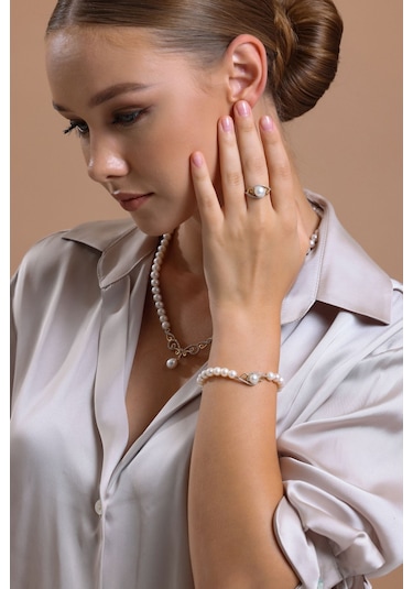 Taşlı Doğal İnci Kolye Bileklik Yüzük Küpe Dörtlü Set - 13