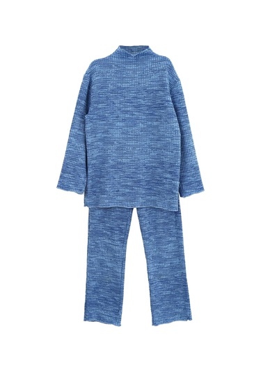 Luess Kız Çocuk Fitilli Esnek Kumaş Balıkcı Yaka Bluz Tayt Takım-Mavi