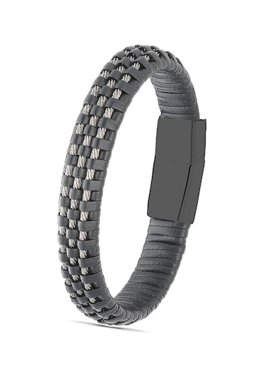 Brezza Lusso Jewelry Hakiki Deri Hasır Burma Çelik Erkek Bileklik Siyah