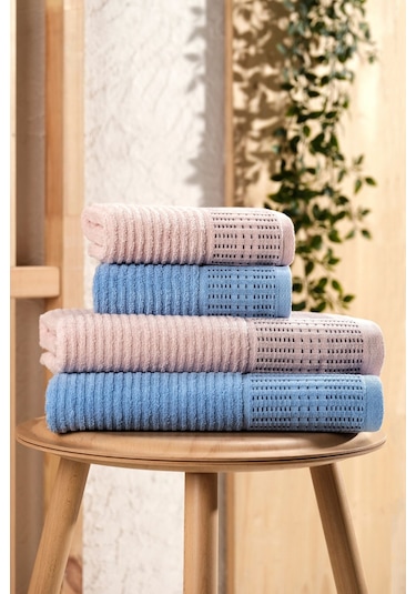 Pamir Premium 4'lü Banyo Havlu Seti Battal Boy Pudra-indigo