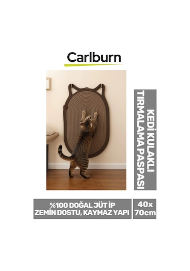 Özel Üretim Zemin Dostu Kaymaz %100 Doğal Jüt İp Dekoratif Kedi Kulaklı Tırmalama Paspası 40x70cm