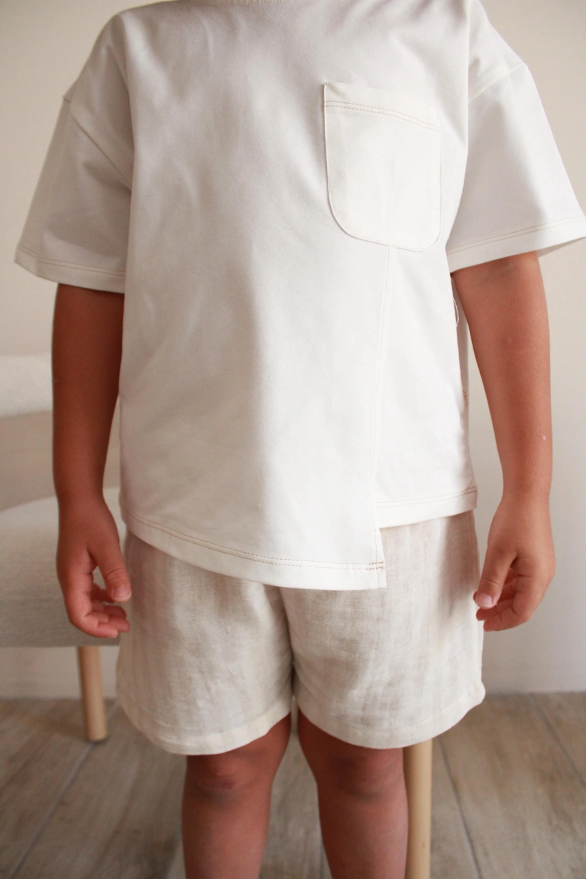 Bej Kontrast Dikişli Asimetrik Şortlu Takım Bej