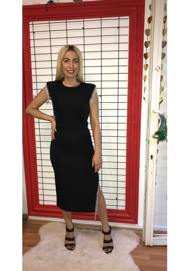 Kadın Elbise Siyah Omuz Ve Etek Taşlı Yırtmaçlı Siyah